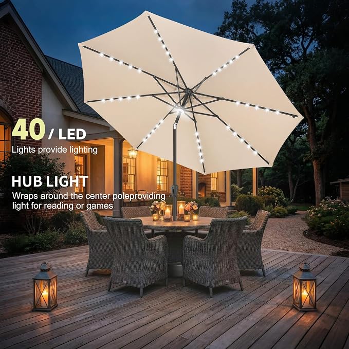 Solar Patio Umbrella with Centre Light, 10 ft Beige | 40 LED Lights, UV Protection, Solar Outdoor Umbrella for Porch, Deck, Pool, Table, Garden, Provides Evening Lighting