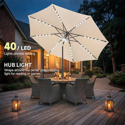 Solar Patio Umbrella with Centre Light, 10 ft Beige | 40 LED Lights, UV Protection, Solar Outdoor Umbrella for Porch, Deck, Pool, Table, Garden, Provides Evening Lighting