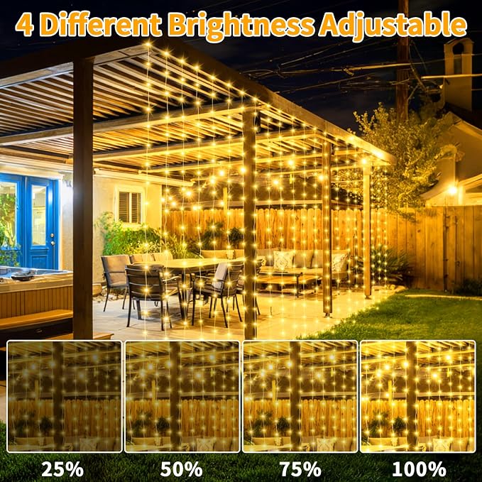 Upgraded Solar Curtain Lights 10x10Ft 300LED Solar Powered Waterfall Lights for Patio Gazebo Backdrop Wedding Party with USB Rechargeable Remote Timer Hanging Twinkle Fairy String Lights