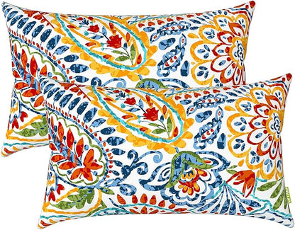 LVTXIII Set of 2 Patio Lumbar Pillows, 12”x20” Fade Resistant Outdoor Lumbar Pillow with Inners, Fluffy Decorative Garden Lumbar Cushions for Home Patio Coach Sofa Use, Paisley Multi