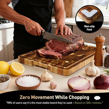 End Grain Cutting Board Set of 3 with Non-slip Feet, Reversible Acacia Wood Cutting Boards for Kitchen with Juice Grooves and Handles Non Toxic Chopping Board Butcher Block Serving Tray Kitchen Sets