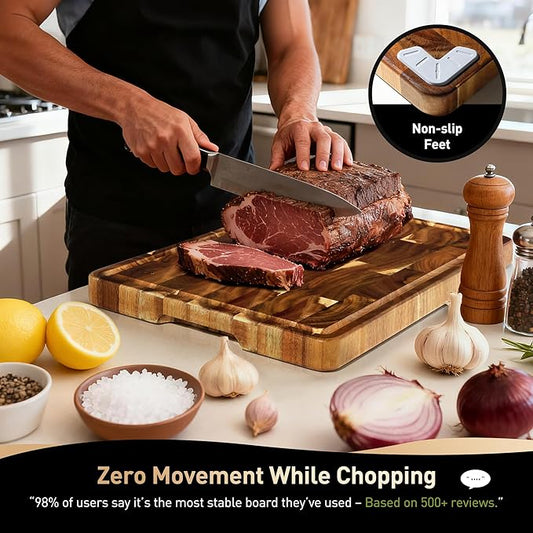 Extra Large End Grain Cutting Board for Kitchen with Non-slip Feet, Acacia Wood Heavy Duty Checkered Cutting Board with Juice Groove & Handle Handcrafted Luxury Chopping Board for Meat, Vegetables