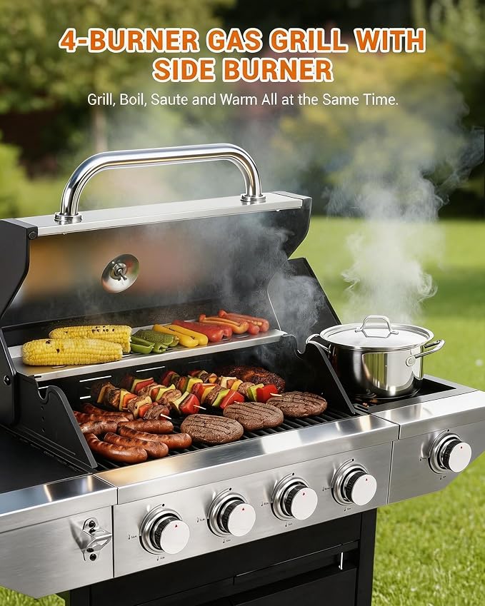EUHOME 4-Burner Propane Gas BBQ Grill with Side Burner, 46,500 BTU Stainless Steel Outdoor BBQ with Enameled Cast Iron Grates & Foldable Side Tables for Patio, Backyard, and Outdoor Cooking