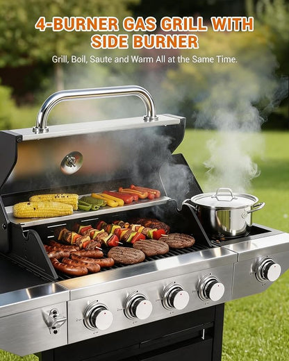 EUHOME 4-Burner Propane Gas BBQ Grill with Side Burner, 46,500 BTU Stainless Steel Outdoor BBQ with Enameled Cast Iron Grates & Foldable Side Tables for Patio, Backyard, and Outdoor Cooking