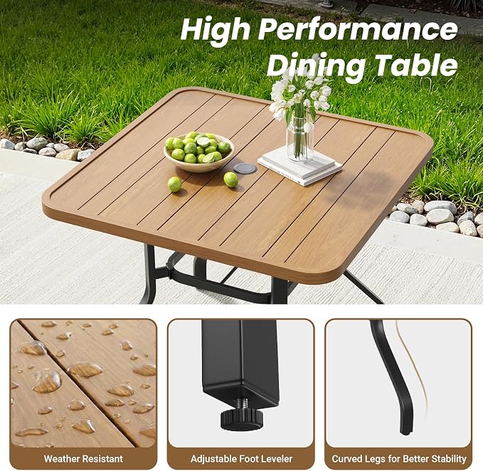 Outdoor Patio Dining Table with 1.57" Umbrella Hole, 35"x35" Wood-Like Texture, All-Weather Metal Frame for Poolside, Deck, Porch