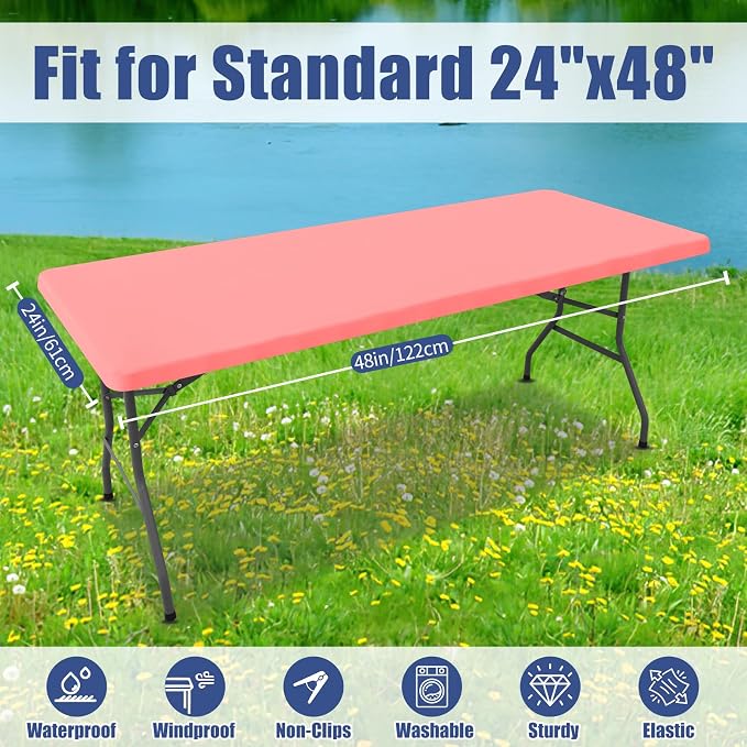 Moosfor Spandex 4 Foot Rectangle Table Cloth, Elastic Fitted Tablecloths for Picnic, Stretch Washable Patio Table Cover for Outdoor, Camping, Banquet and Parties (Coral Red, 24"x48")