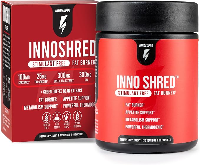 Inno Shred Stim Free Thermogenic Fat Burner, Caffeine Free 30 Servings | Weight management & metabolism support with Capsimax, Paradoxine, Green Tea Extract; 60 veggie caps