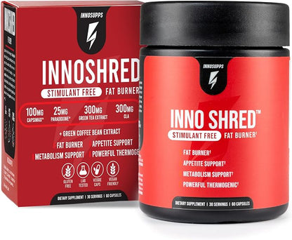 Inno Shred Stim Free Thermogenic Fat Burner, Caffeine Free 30 Servings | Weight management & metabolism support with Capsimax, Paradoxine, Green Tea Extract; 60 veggie caps