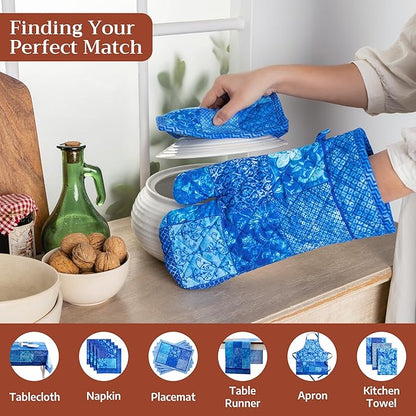 Maison d' Hermine Pot Holders 100% Cotton Heat Resistant Potholders 8" x 8" Hot Pads with Loop BBQ Cooking Baking Hotel Farmhouse Kitchen Handling Hot Pans Spring Summer (Pack of 1, Indigo Love)