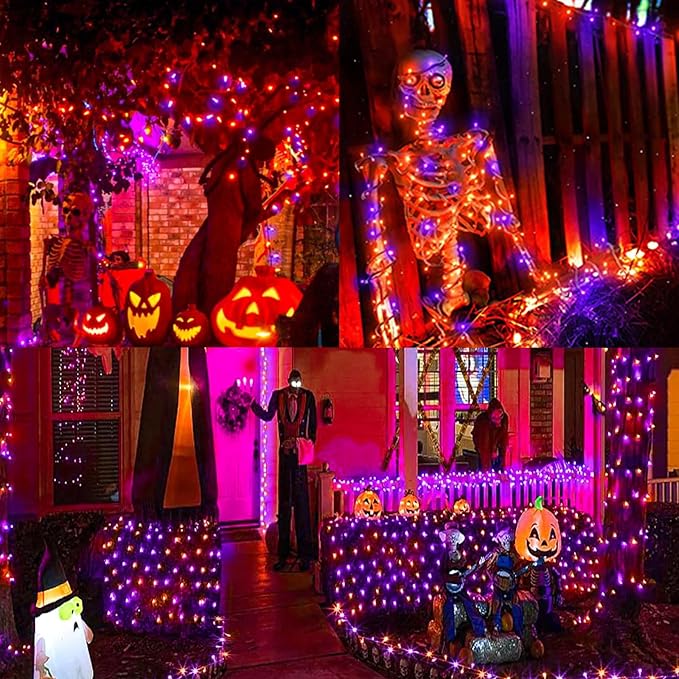 33ft Halloween Decorative Mini Lights, 100 LED Green Wire Fairy Starry String Lights Plug in, 16Lighting Modes, for Halloween Decoration Outdoor Party Decoration (Orange and Purple)