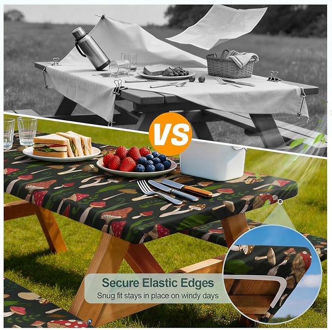 Picnic Table Cover Bench Covers Camping Essentials Tablecloth | Waterproof Vinyl for Outdoor, Windproof Elastic Fitted Edges, RV BBQ Accessories Must Haves, Storage Bag Included