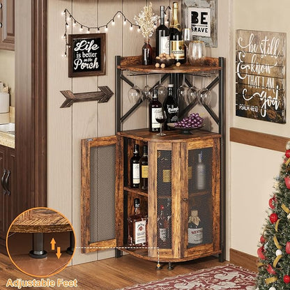 JKsmart Corner Bar Cabinet with LED Lights,Industrial Wine Cabinet with Glass Holder,4-Tier Wine Cabinet with Door and Shelf,Farmhouse Home Bar for Liquor Wine Coffee Storage,Rustic Brown