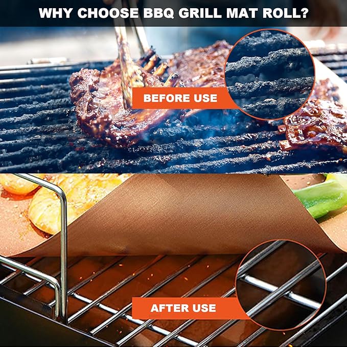 BBQ Grill Mat Roll, Cut to Size Grill Mats for Outdoor, Non-stick Accessories for Gas, Charcoal, Electric Grill, 15.75IN x 10 FT(Copper)