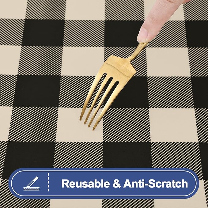 Smiry Picnic Table Cloth 2 Pack, Waterproof Elastic Fitted Tablecloths for 6FT Rectangle Tables, Washable Polyester Buffalo Plaid Tablecloth for Camping, Dining & Outdoor (Black & Beige, 30" x 96")