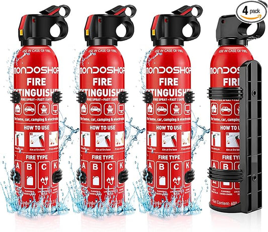 Fire Extinguisher for Home and Vehicle - Mondoshop 4-Pack Water-Based Portable Fire Extinguisher with Mount for A, B, C, K Fire, Suitable for Vehicle, Kitchen, Home, Car, Boat, Camping, Business