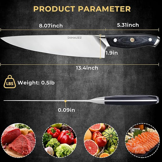 DiiHAUZZ Chef Knife, 8 Inch Ultra Sharp Kitchen Knife, Professional High Carbon Steel Chefs Knife with Full-Tang Ergonomic Handle for Kitchen, Gift Box for Fathers Day Gift