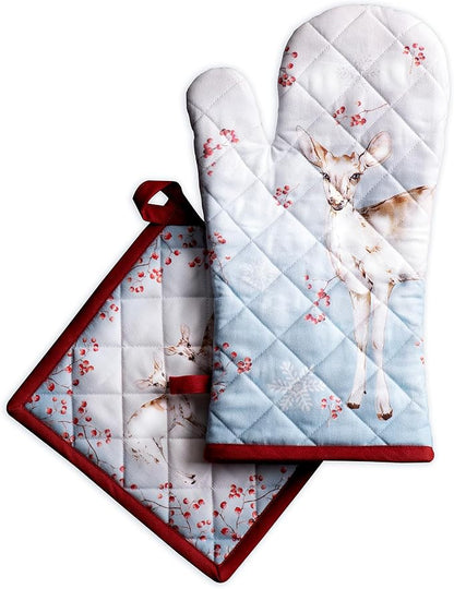 Maison d' Hermine 100% Cotton Oven Mitt & Pot Holder Set (7.5"x13" & 8"x8") Heat Resistant BBQ Cooking Gloves with Loop for Thanksgiving Christmas Decorations Handling Hot Pans (Fairy Tale Forest)
