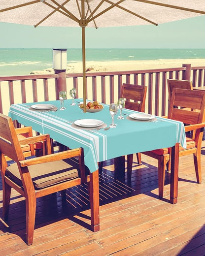 QueenKer Outdoor Tablecloth with Umbrella Hole, Farmhouse Teal White Stripe Rectangle Tables Waterproof Tabletop Collection for Patio, Garden, Picnic, Camping, Dining 60 x 120 inch