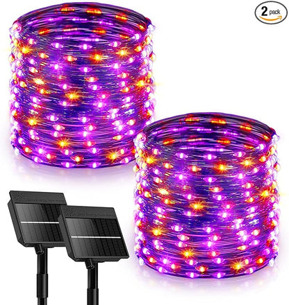 Minetom Solar Halloween Lights, 2 Pack Total 66Ft 200 LED String Lights | Solar Fairy Lights Outdoor Waterproof with 8 Modes, Twinkle Lights for Patio Yard Garden Tree Patry DIY Decor (Orange&Purple)