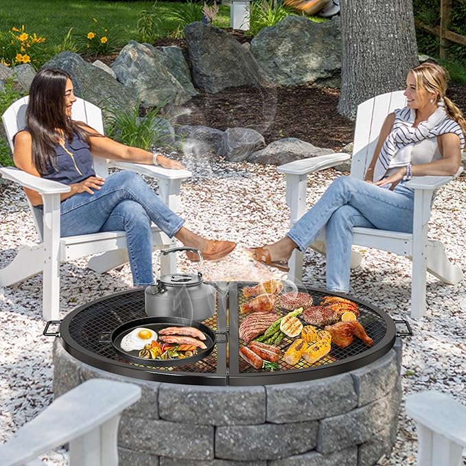 only fire X-Marks Fire Pit Cooking Grate, Foldable Round Grate for Outdoor Cooking, Portable Camping Cookware for Outside Party, Heavy Duty Steel Campfire BBQ Grill Grid with Handle, 36 inch