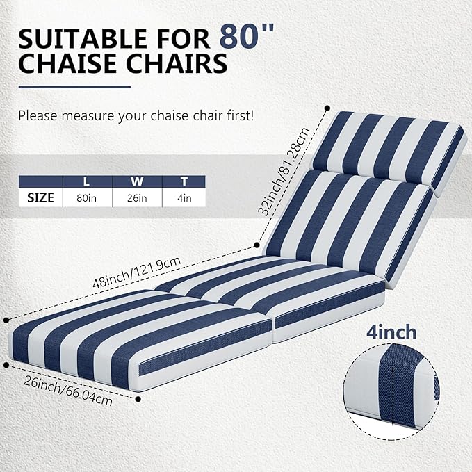 2 Pcs Chaise Lounge Cushions Outdoor, 80 x 26 x 4 Inch Lounge Chair Cushions for Outdoor Furniture - Waterproof Lounge Patio Replacement Cushion, 4In Fade-Resistant ThickPatio Chaise Lounge Cushion
