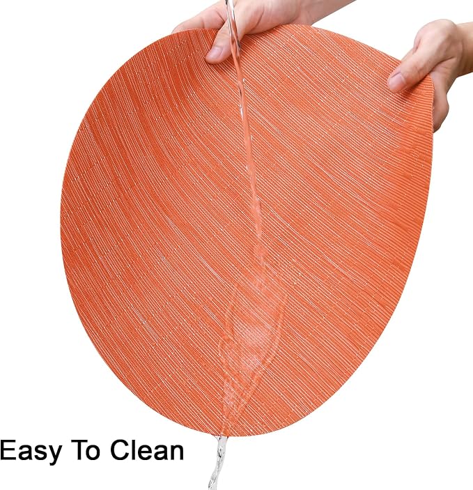 Round Placemats Set of 8 Heat Resistant Vinyl Placemats 15 inch Washable Non-Slip Table Mats Woven Place Mats for Dining Table (Orange, Set of 8)
