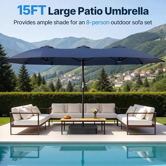 Suteck 15FT Patio Umbrella with Base Included, Dark Blue | Double-Sided, Crank Handle, UV & Fade Resistant Canopy, Poolside, Backyard, Deck, Market