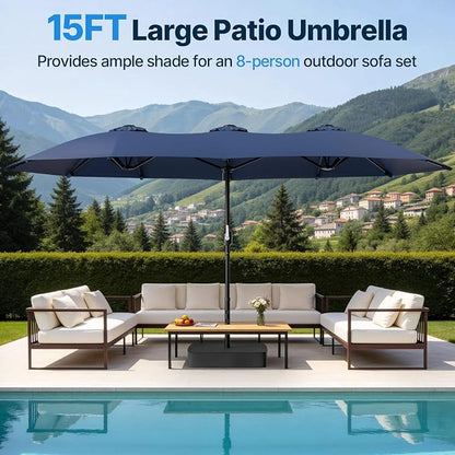 Suteck 15FT Patio Umbrella with Base Included, Dark Blue | Double-Sided, Crank Handle, UV & Fade Resistant Canopy, Poolside, Backyard, Deck, Market