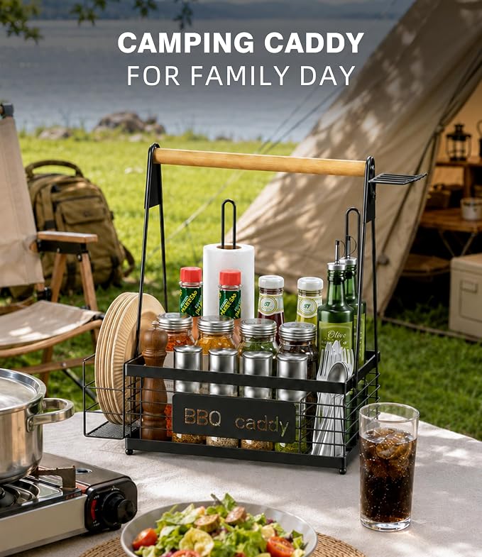 TJ.MOREE Grill Caddy BBQ Organizer for Grilling Tools & Supplies | paper towel & foil holder, fits 8" plates, removable wood handle, for camping, patio, Kitchen, Picnic, RV