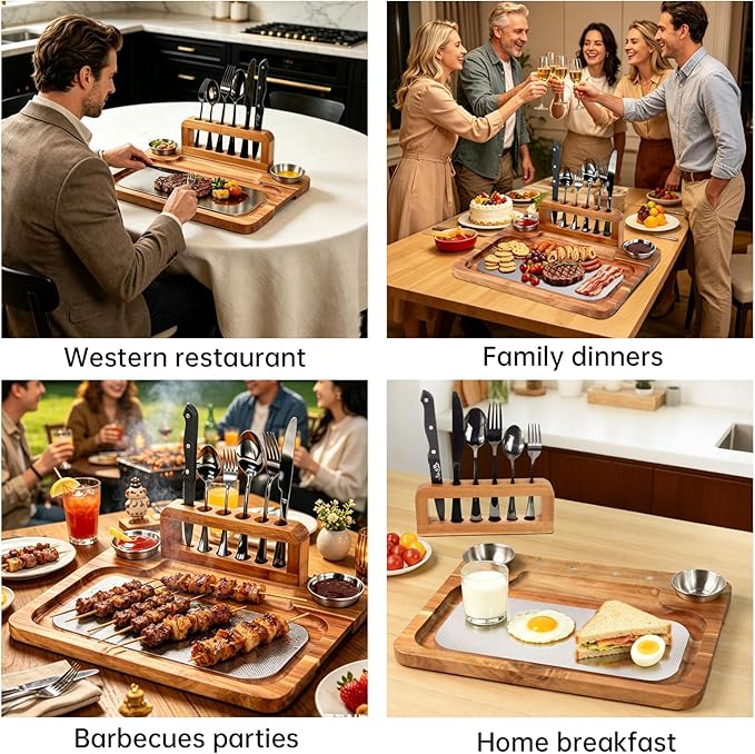 Acacia Wood Steak Board Set,16.5" Magnetic Charcuterie Board with Stainless Steel Scratch-Proof Cutting Surface Wooden Serving Platter with Cutlery & Sauce Cup for BBQ Dinner Party Housewarming Gift
