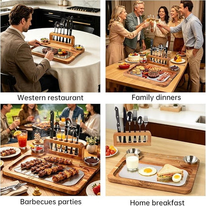 Acacia Wood Steak Board Set,16.5" Magnetic Charcuterie Board with Stainless Steel Scratch-Proof Cutting Surface Wooden Serving Platter with Cutlery & Sauce Cup for BBQ Dinner Party Housewarming Gift