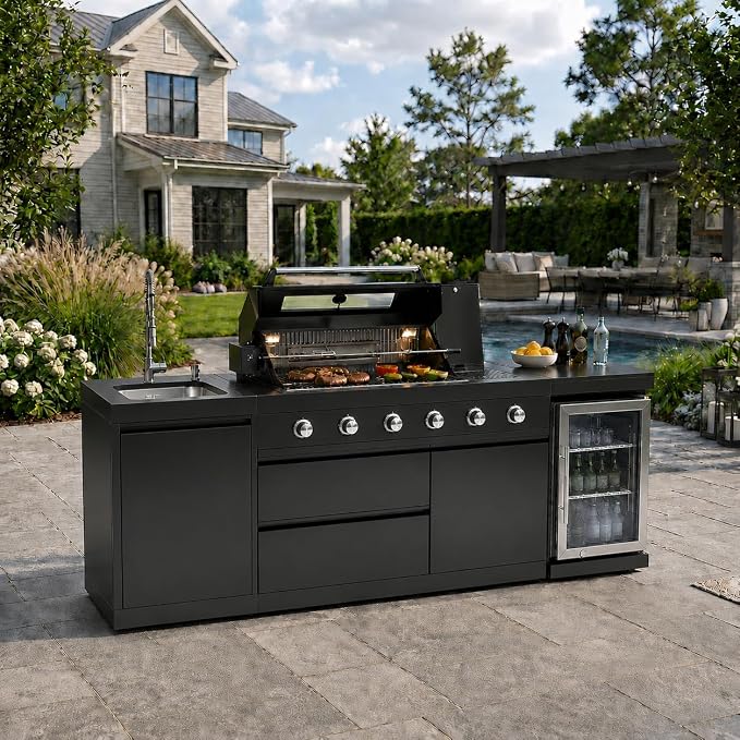 85-Inch Stainless Steel Outdoor Kitchen Grill Island, 6-Burner 72,000 BTU Propane Gas BBQ Grill with Wine Cooler Refrigerator, Rotisserie Kit, Granite Countertops, Sink, Glide Wheels, Black