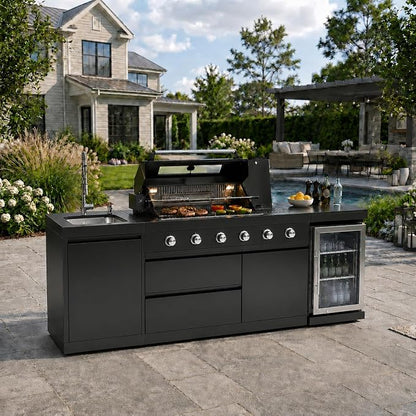 85-Inch Stainless Steel Outdoor Kitchen Grill Island, 6-Burner 72,000 BTU Propane Gas BBQ Grill with Wine Cooler Refrigerator, Rotisserie Kit, Granite Countertops, Sink, Glide Wheels, Black