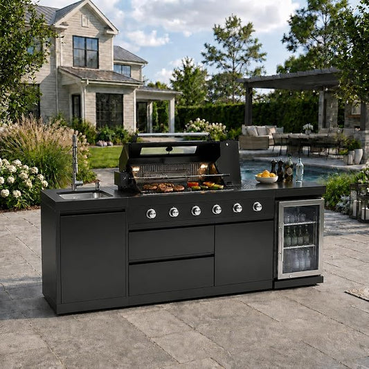 85-Inch Stainless Steel Outdoor Kitchen Grill Island, 6-Burner 72,000 BTU Propane Gas BBQ Grill with Wine Cooler Refrigerator, Rotisserie Kit, Granite Countertops, Sink, Glide Wheels, Black