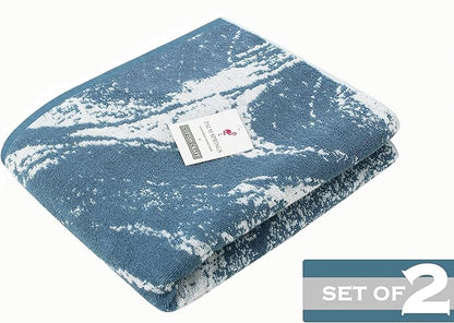 COTTON CRAFT Pool Lounge Chair Cover - 2 Pack Waves Terry Jacquard Towel Chaise Lounge Chair Cover - 100% Ringspun Cotton Soft Beach Chair Cover - Oversized 32 in W x 82 in Length x 7 in Pocket – Blue