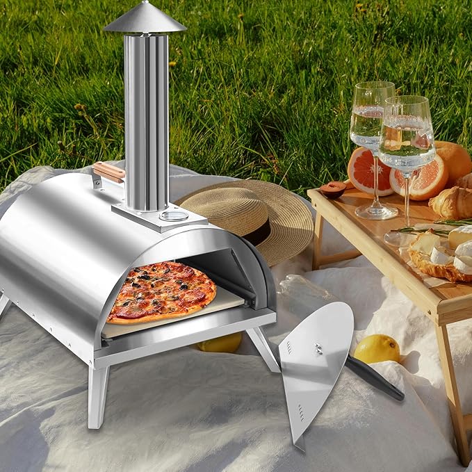 12" Wood Pellets Pizza oven with Thermometer – Portable Wood Fired Pizza stove, Stainless Steel, Quick Heat-Up, 12" Pizza Stone for Camping and Outdoor Cooking, Great Gift for Camping Enthusiasts
