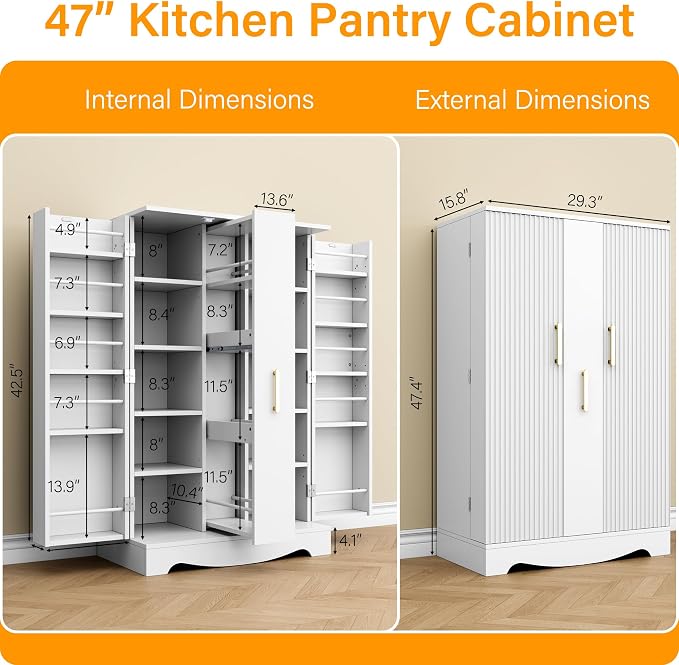 kepptory 47“ White Kitchen Pantry Cabinet with 3 Doors, Adjustable Shelves, | Pull-Out Side Spice Racks, Freestanding Food Storage Cupboard for Kitchen, Dining Room, Living Room