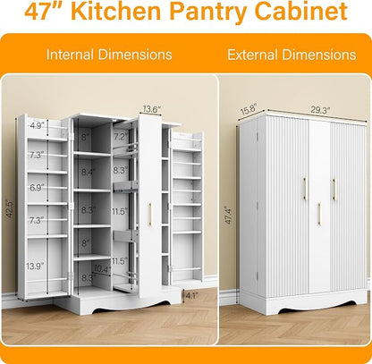 kepptory 47“ White Kitchen Pantry Cabinet with 3 Doors, Adjustable Shelves, | Pull-Out Side Spice Racks, Freestanding Food Storage Cupboard for Kitchen, Dining Room, Living Room