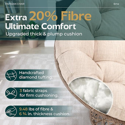 Bme Metal Oversized Swivel Papasan Chair, Living Room Chair with Beige Cushion, Brown Frame, 360° Swivel, Skillfully Woven Resin Wicker, 46 Inch Wide, Bee-Designed Base, Modern Style, Indoor Use
