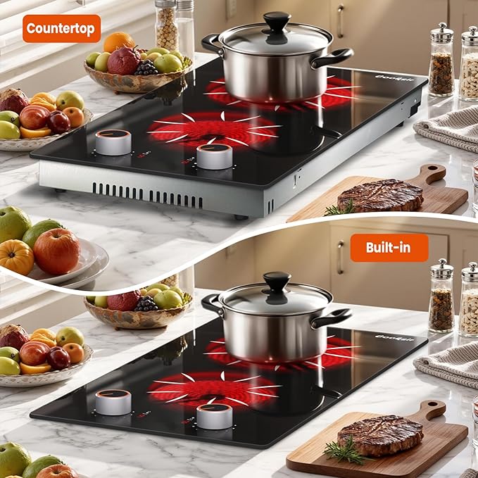 Electric Cooktop 2 Burner - 12 Inch 2000W Electric Stove Built-in & Countertop, Two Burner Ceramic Cooktop with Knob Control, 9 Power Level, Over Heat Protection, 110-120V Plug in (Red Konb)