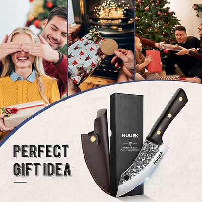 Huusk Japanese Mini Cleaver Knife, Small Meat Knives with Sheath, Unique Caveman Knives, Hand Forged Full Tang Chef Viking Knife for Fishing, Outdoor Camping, BBQ, Gift for Men and Women