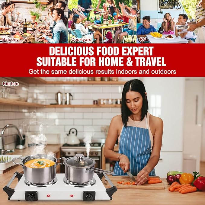 2000W Hot Plate,Portable Electric Stove Countertop Double Coil Burners W/5 Level Temperature Control & Stay Cool Handles, Easy to Clean, Lightweight Cast Iron Electric Stove for RV/Home/Camp 110V