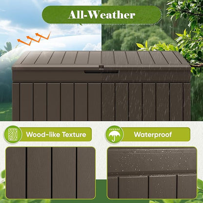 Flamaker Outdoor Storage Box 80 Gallon Resin Waterproof Deck Box Delivery Box with Wood Texture Large Storage Bin for Patio Cushions (Brown)