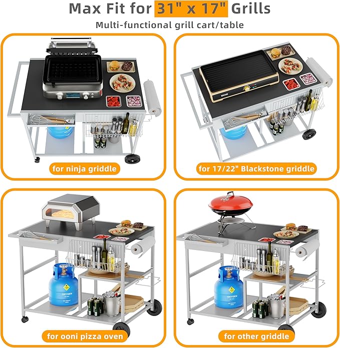 Vongrasig Pizza Oven Table with Topping Station, Patio Kitchen Island Outdoor Bar Cart, Outdoor Grill Cart with Storage for Blackstone Grill Ooni Pizza Ovens