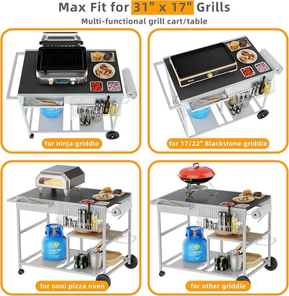 Vongrasig Pizza Oven Table with Topping Station, Patio Kitchen Island Outdoor Bar Cart, Outdoor Grill Cart with Storage for Blackstone Grill Ooni Pizza Ovens