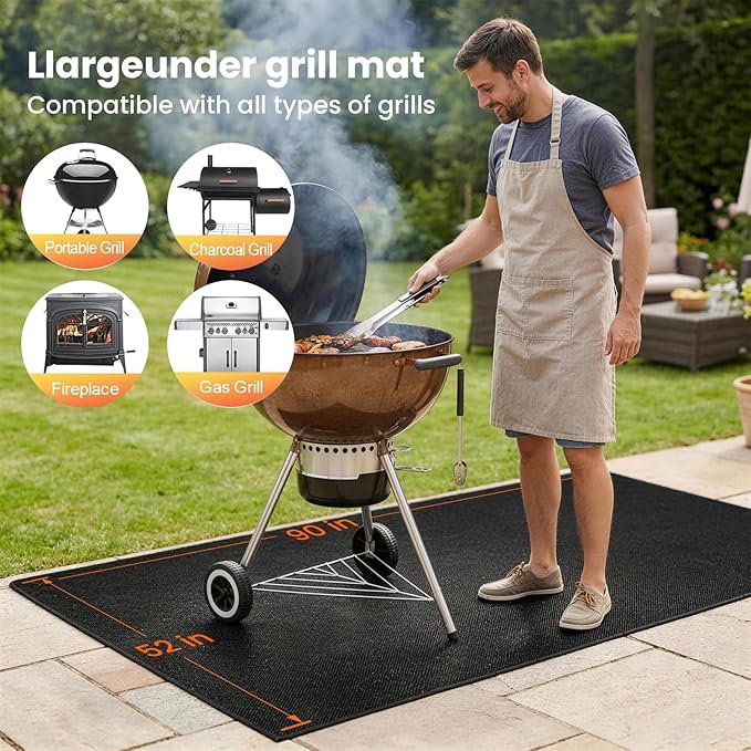 Large 90 x 52 inches Under Grill Mats for Outdoor Grill | Double-Sided Fireproof | Waterproof | Oil-Proof | Easy to Clean | Indoor Fireplace/Fire Pit Mat | Premium BBQ Mat for Deck Patio Lawn