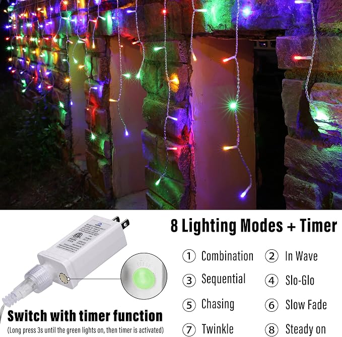 Joomer 33FT Christmas Icicle Lights Outdoor Connectable Multicolor | 50 Drops 8 Modes Timer Waterproof Plug-in String Light for Christmas Party, Holiday Eaves Roof Yard Xmas Decorations