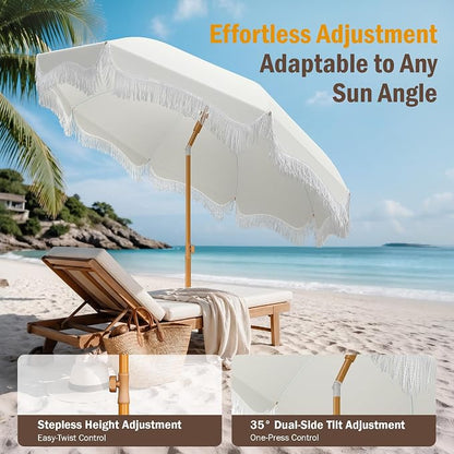 HERA'S PALACE 7 ft Heavy Duty Beach Umbrella with Sand Anchor, Fringe Umbrella for Sand, UV 50+, Patio Umbrella with Tilt Pole for Garden Pool Backyard