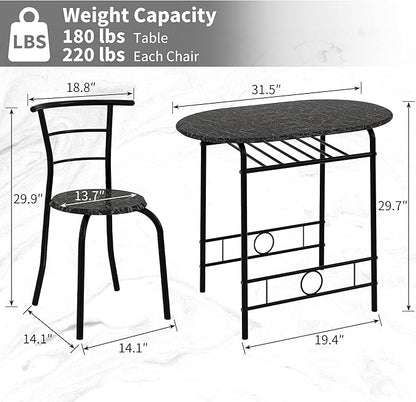 VECELO 3-Piece Dining Table Set for Kitchen Breakfast Nook, Wood Grain Oval Tabletop and Metal Frame with Built-in Wine Rack, for Small Spaces, Faux Marble Black