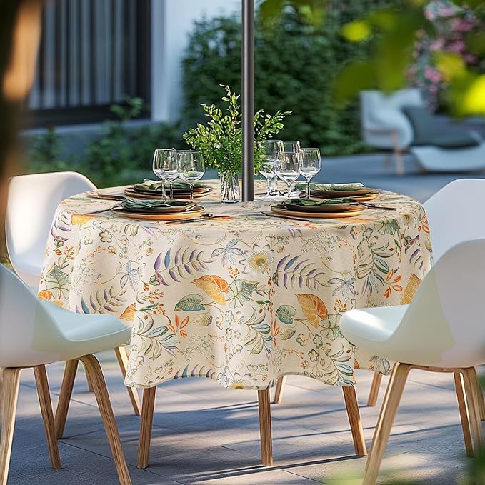 Lamberia 60" Round Patio Tablecloth with Umbrella Hole and Zipper, Waterproof Outdoor Table Cover for Patio, Backyard, BBQ, Picnic & Indoor Dining, Washable Polyester Circular Tablecloth